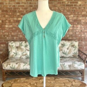 In Loom Turquiose NWT Lace Inset V-Neck Short Sleeve Relaxed Top M
